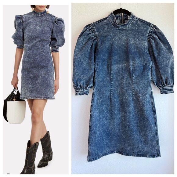 GANNI 90's Acid Wash Stretch Denim Puff Sleeve Mock Neck Cult Mini Dress Size 36 - Picture 1 of 16